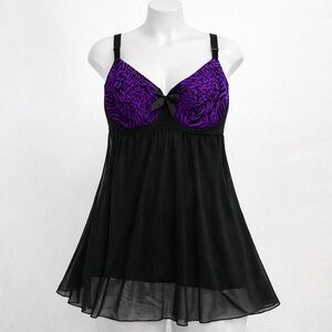 Delta Burke Purple Animal Print Babydoll Lingerie Black Sheer 6X Boudoir Plus